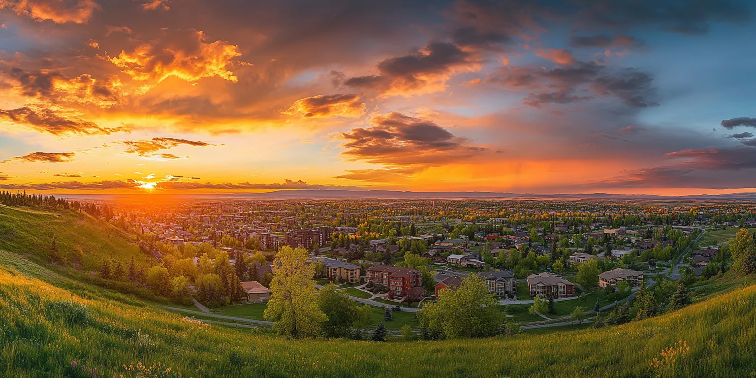 Panoramic view of a lush valley town at sunset with vibrant sky and greenery.