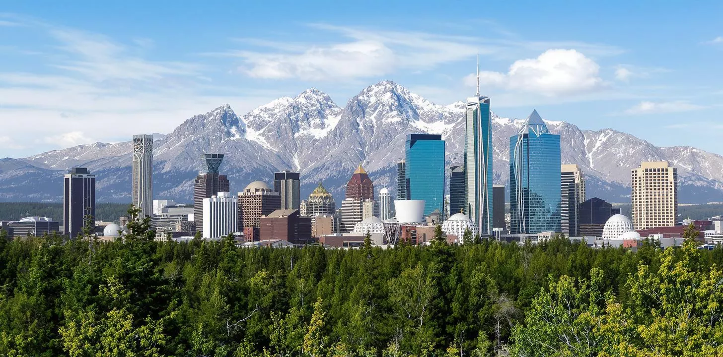 Beautiful city skyline with skyscrapers, lush greenery, and snow-capped mountain backdrop.