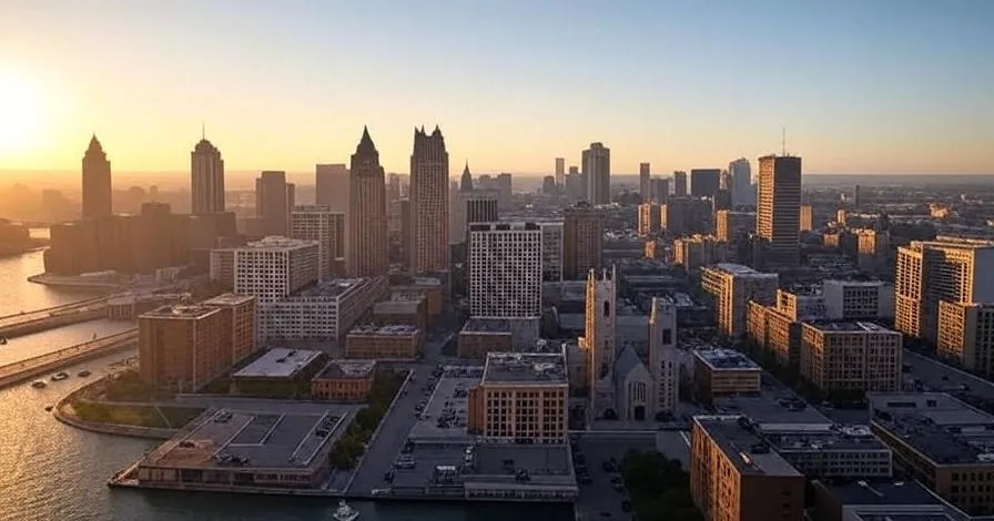 City skyline with skyscrapers, sunset hues, river reflections, and contrasting architecture.