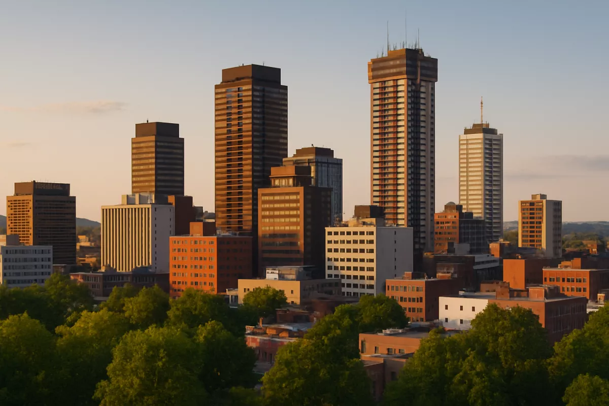 A stunning cityscape at sunset featuring skyscrapers, green trees, and clear skies.