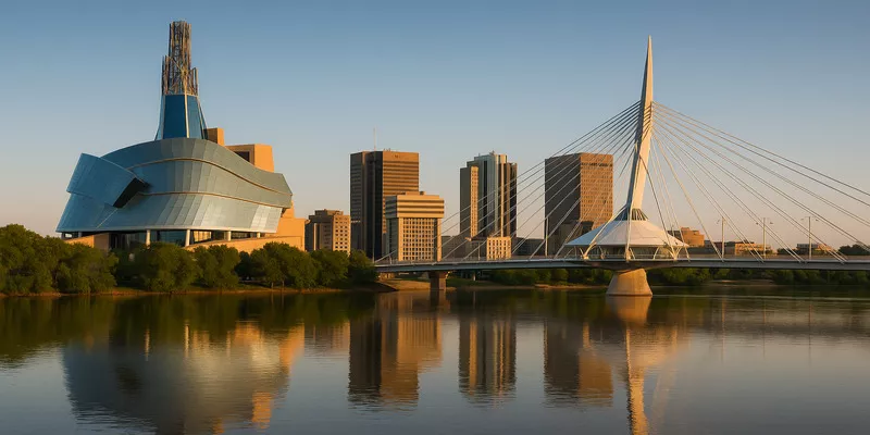 Modern cityscape with futuristic architecture, river, cable bridge, and sunset reflection.
