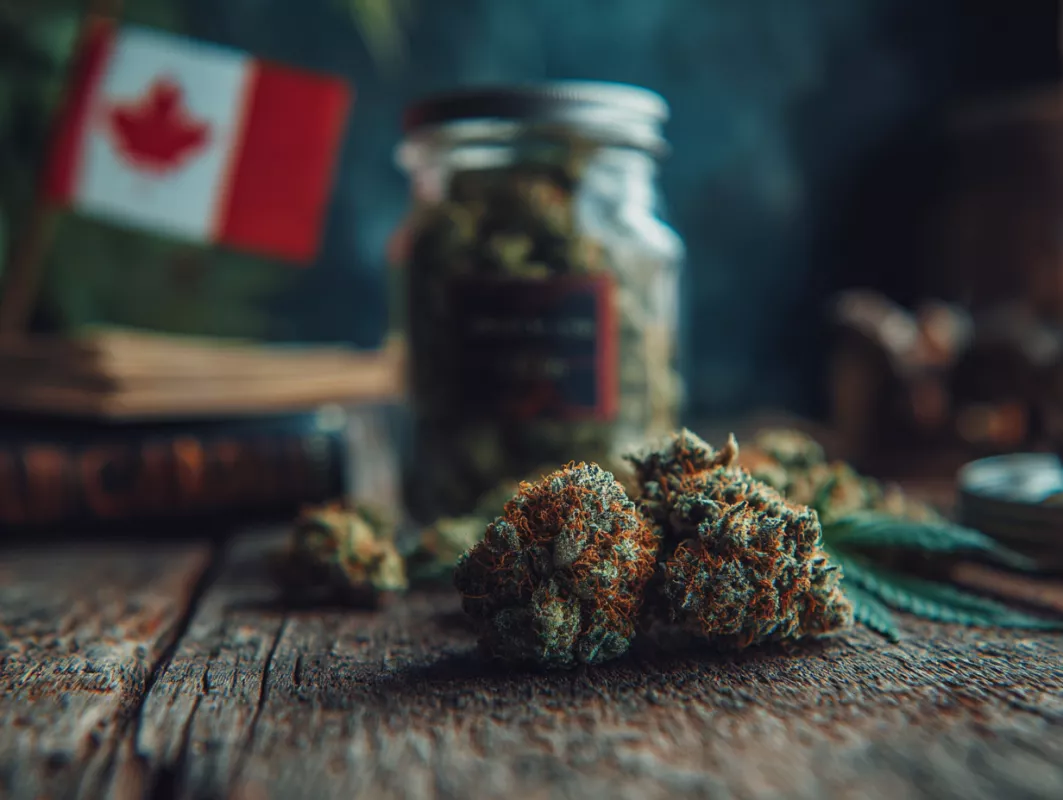 Close-up of Canadian cannabis buds with trichomes on a wooden surface, glass jar in background.