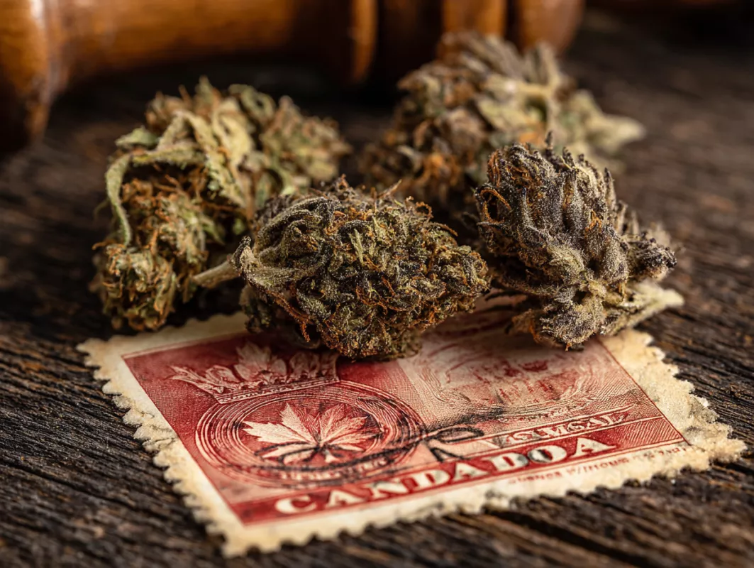 Cannabis buds with vintage stamp on rustic wooden surface highlighting quality and historical significance.