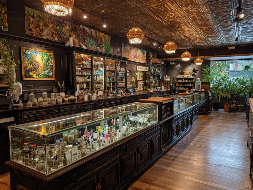 Artisanal vintage shop with glass cases, chandeliers, plants, and natural products displayed elegantly.