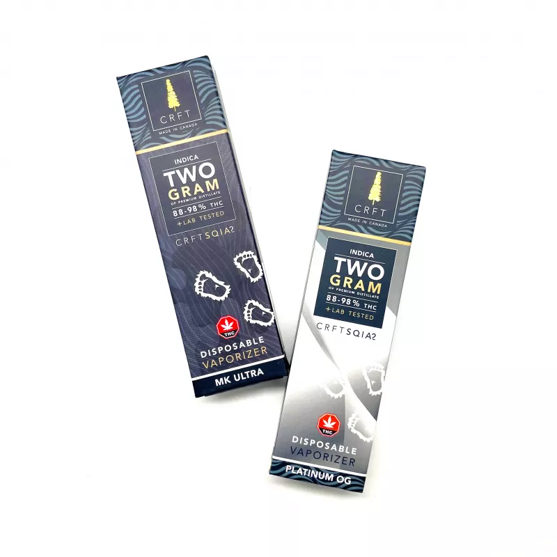 CRFT Indica 2g Vape Pens, MK ULTRA & PLATINUM OG, 88%+ THC.