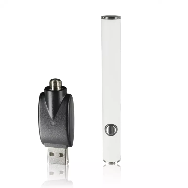 White vape pen battery with 510-thread USB charger on clean background.