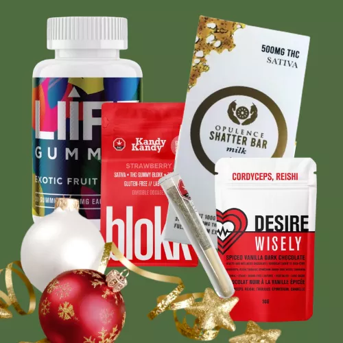 Colorful cannabis products with festive decorations, including ornaments and ribbons.
