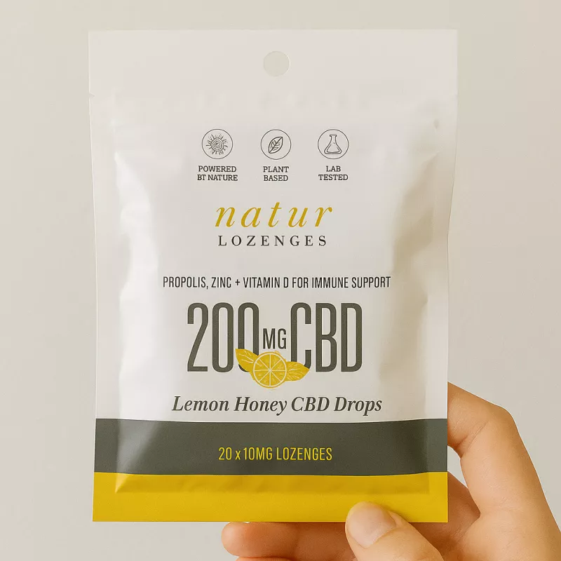 Lemon Honey CBD lozenges package: 200mg CBD, flavor, immune support, plant-based, lab-tested.
