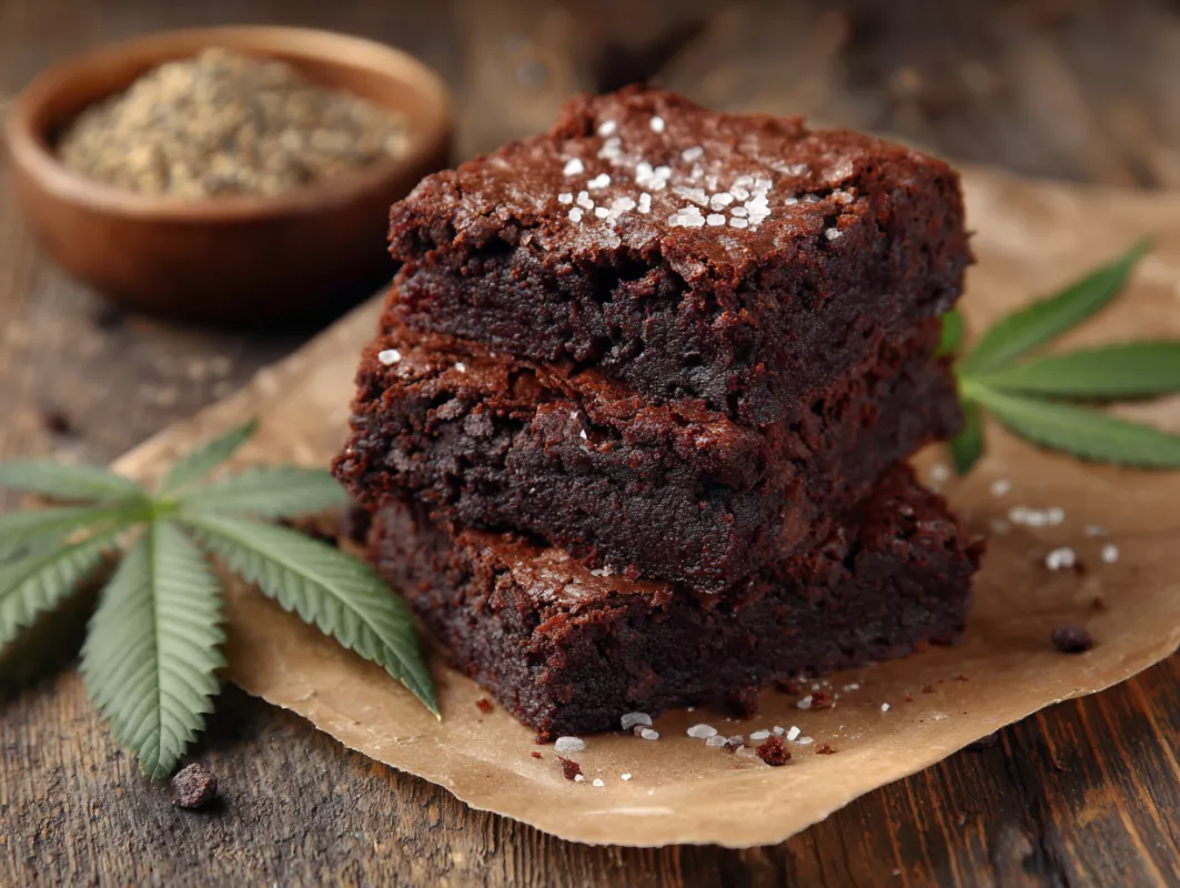Cannabis-infused brownies with sea salt and hemp, presented on rustic parchment paper.