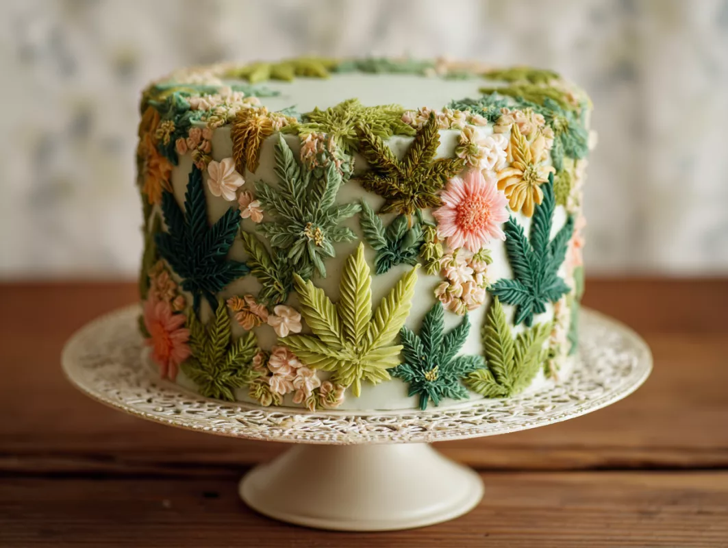 Colorful flower and leaf decorated green cake on an elegant white cake stand.