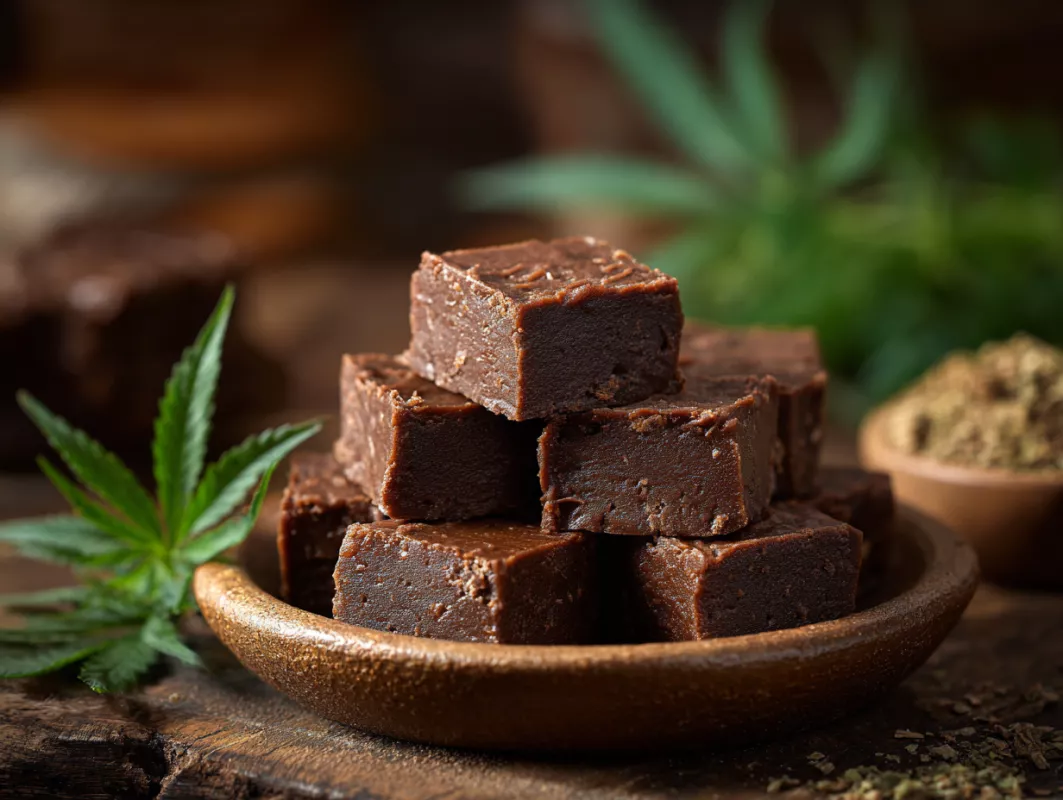 Cannabis-infused chocolate fudge with nuts, featuring a decorative cannabis leaf on a wooden plate.
