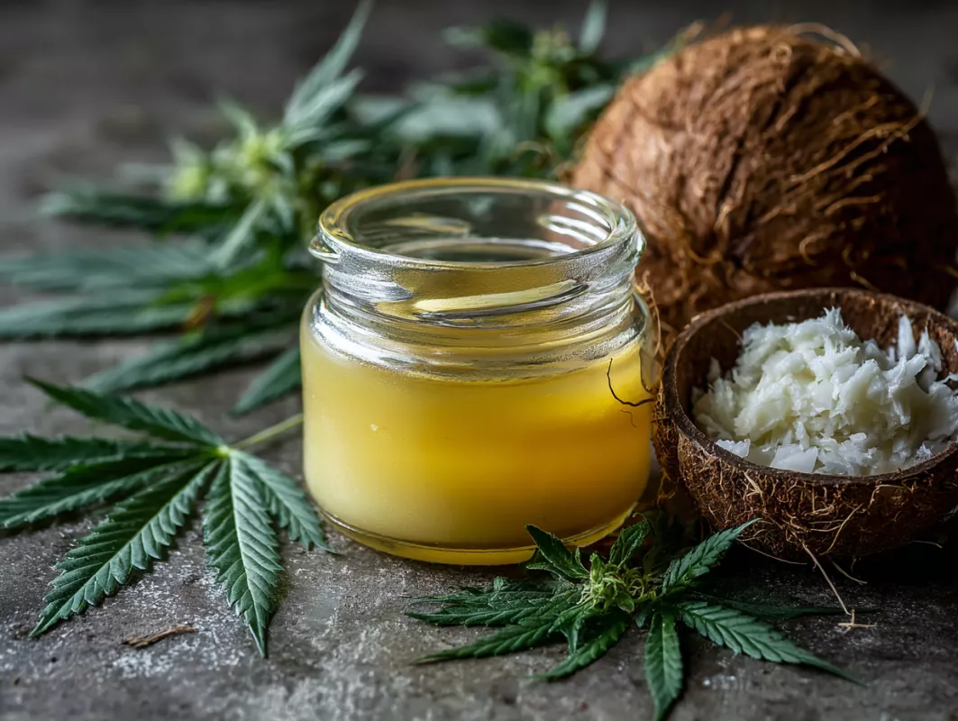 Golden cannabis oil jar with green leaves, coconut shreds, and rustic background.