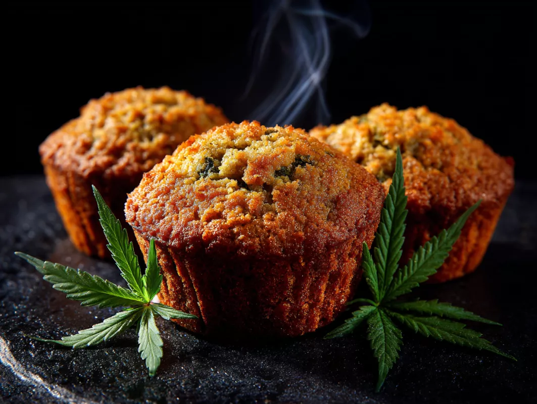 Freshly baked cannabis-infused muffins with steam on dark slate, garnished with vibrant green leaves.
