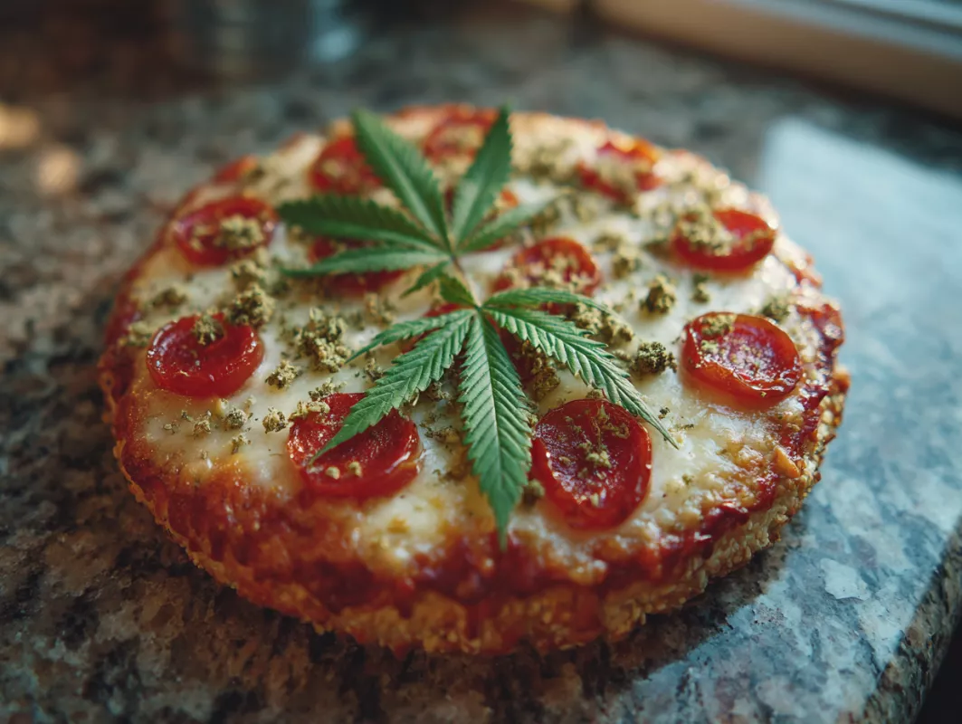 Gourmet pepperoni pizza topped with cannabis leaves on a granite countertop.