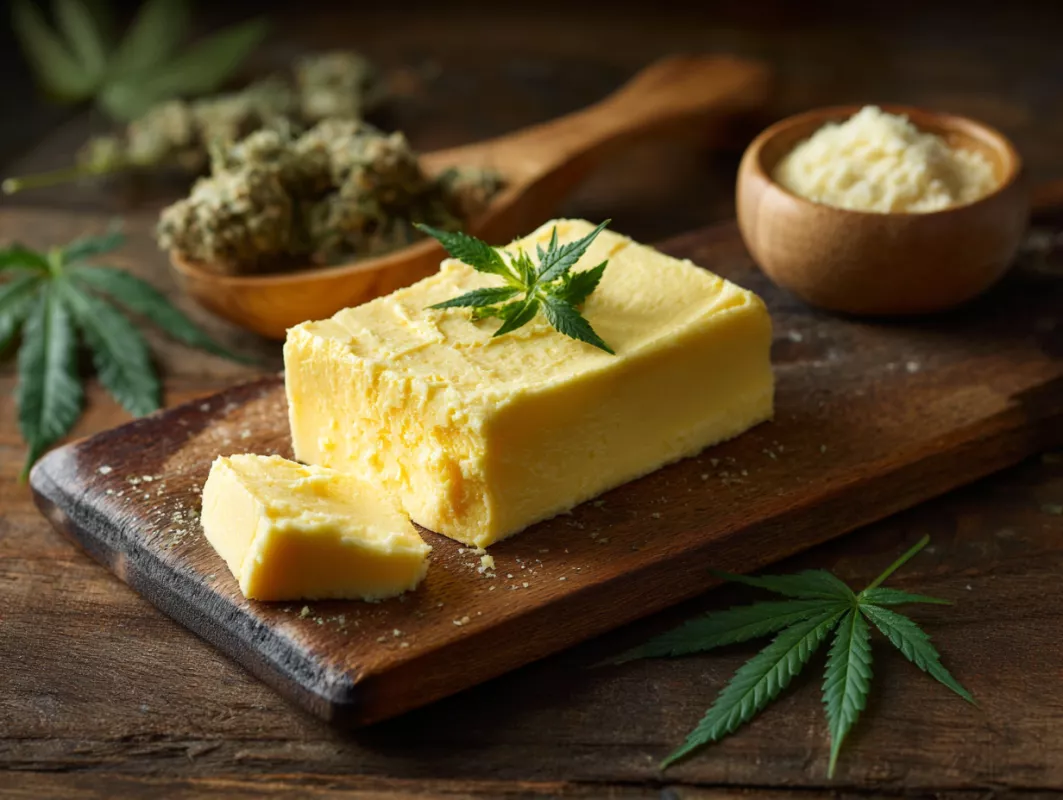 Cannabis-infused butter on rustic board with cannabis leaf, spoon, buds, and natural elements.