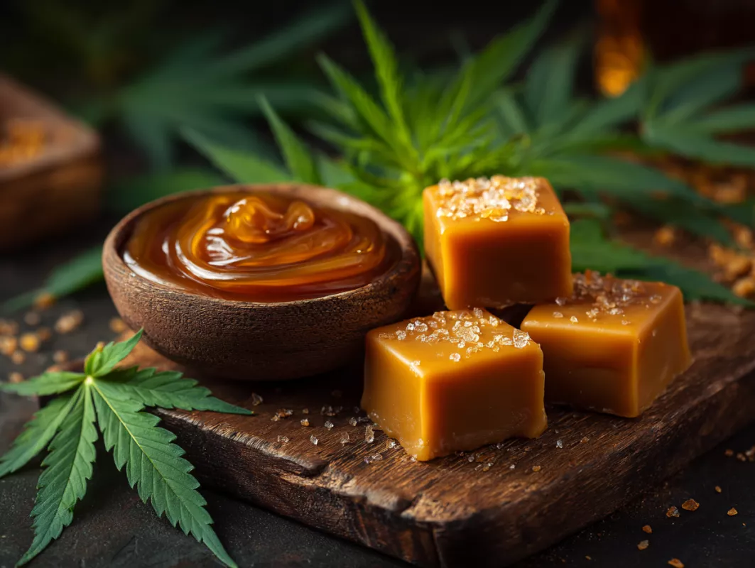 Gourmet cannabis caramels with sea salt and caramel sauce in a rustic setting.