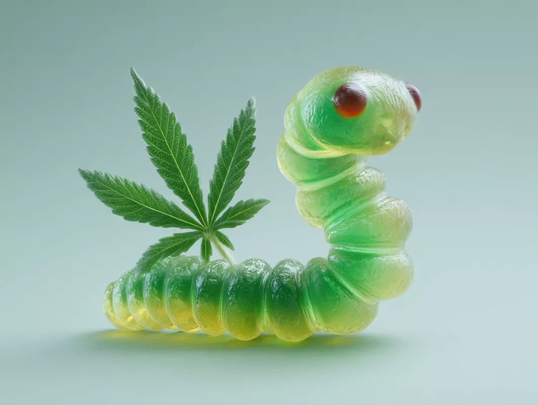 Gummy worm with cannabis leaf, colorful candy and edible cannabis theme.