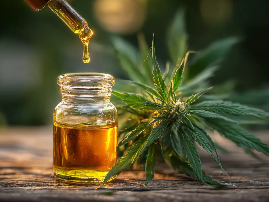 CBD oil in glass jar with dropper and cannabis leaves on rustic surface.