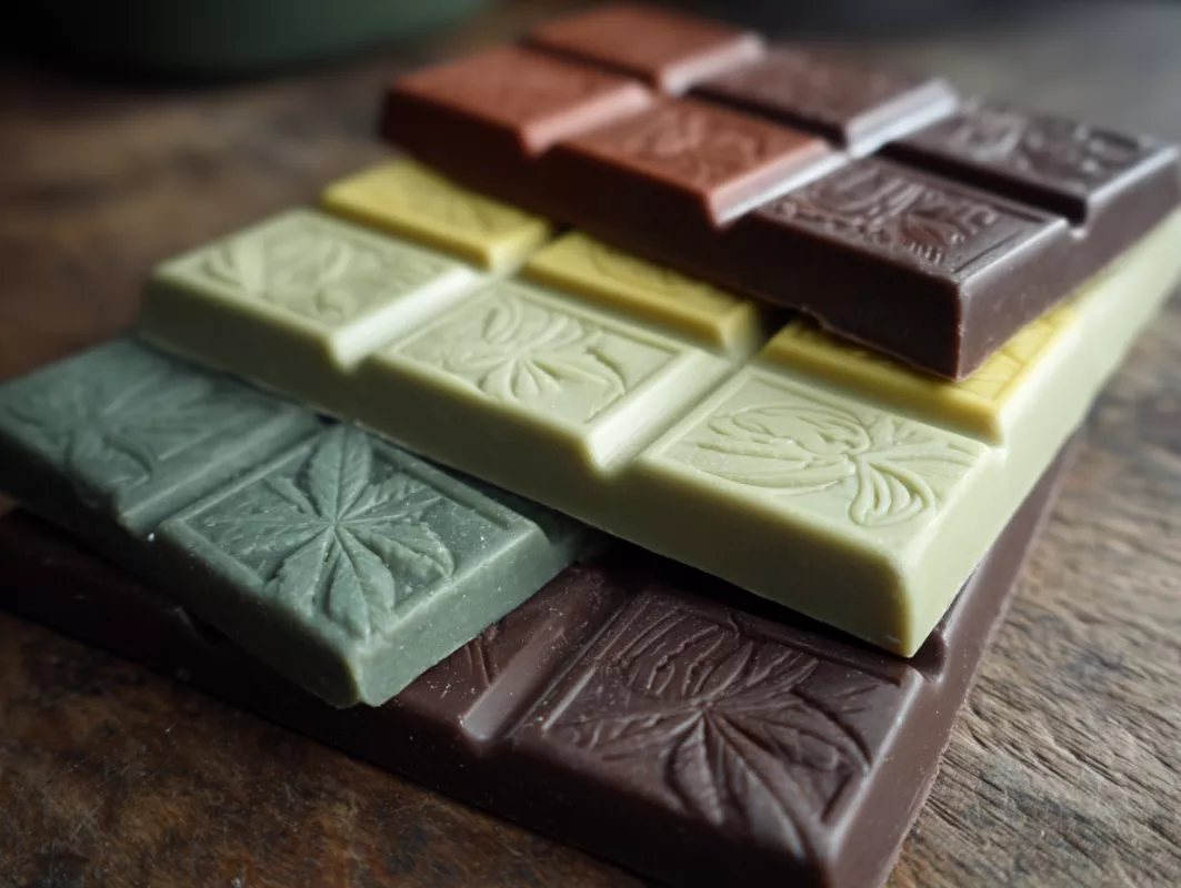 Assorted gourmet chocolate bars with intricate designs on rustic wood surface.