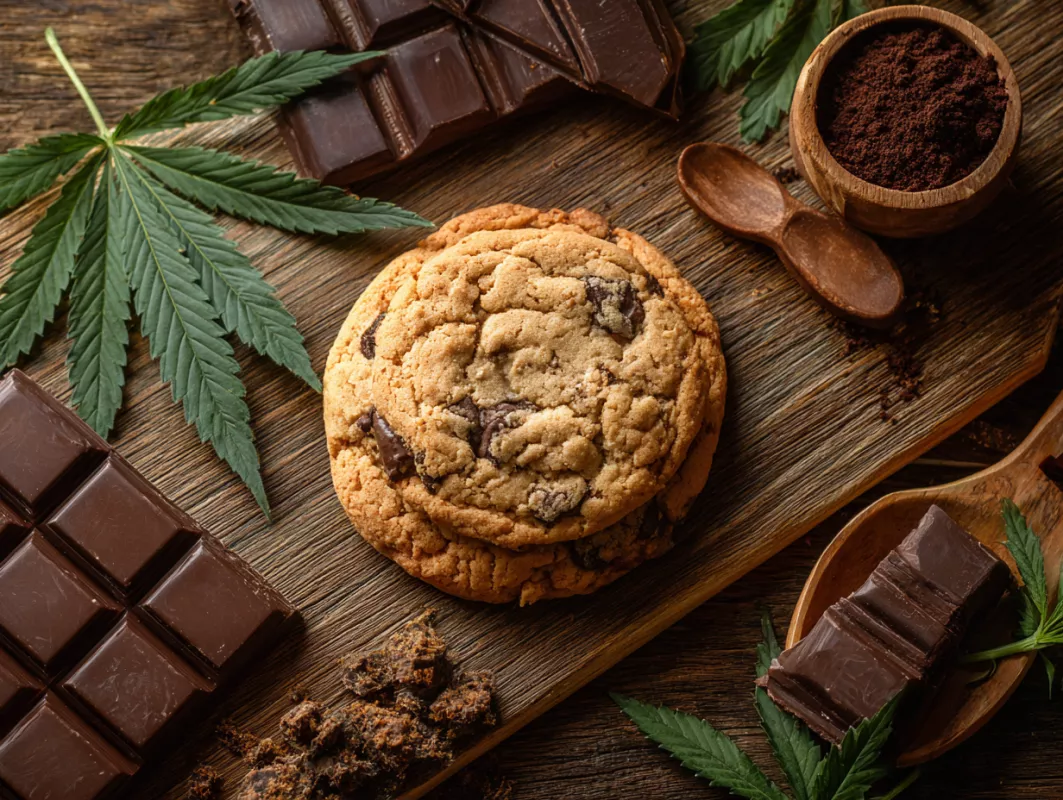 Rustic cannabis-infused chocolate chip cookie with dark chocolate and coffee accents.