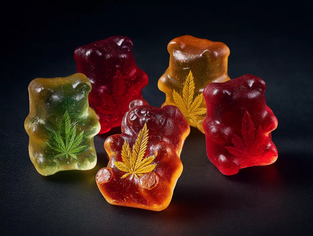 Colorful cannabis-infused gummy bears with leaf imprints on a dark background.