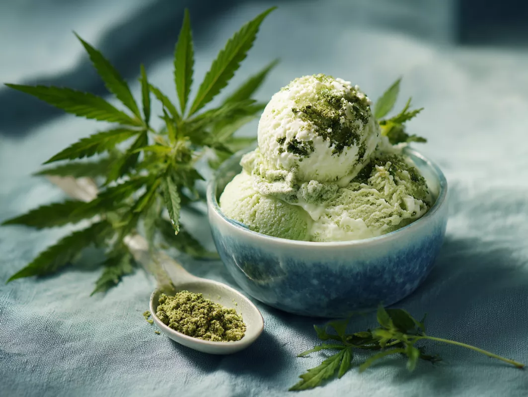 Green cannabis-infused ice cream in a blue bowl with matcha powder, wooden spoon nearby.