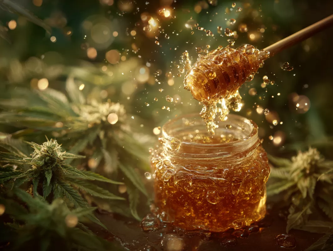 Golden honey cascading from dipper with lush green foliage, evoking natural sweetness and purity.