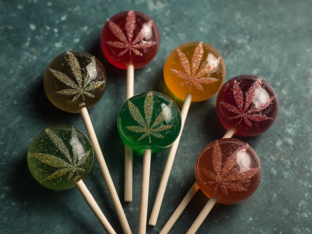 Colorful cannabis leaf lollipops on dark surface, arranged in a fan-like pattern with glitter.