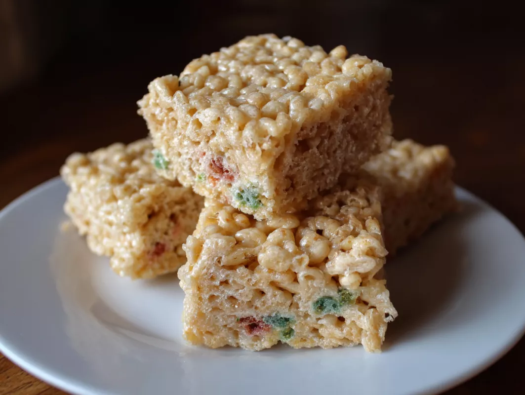 Festive rice cereal treats with marshmallows and sprinkles on a white plate.