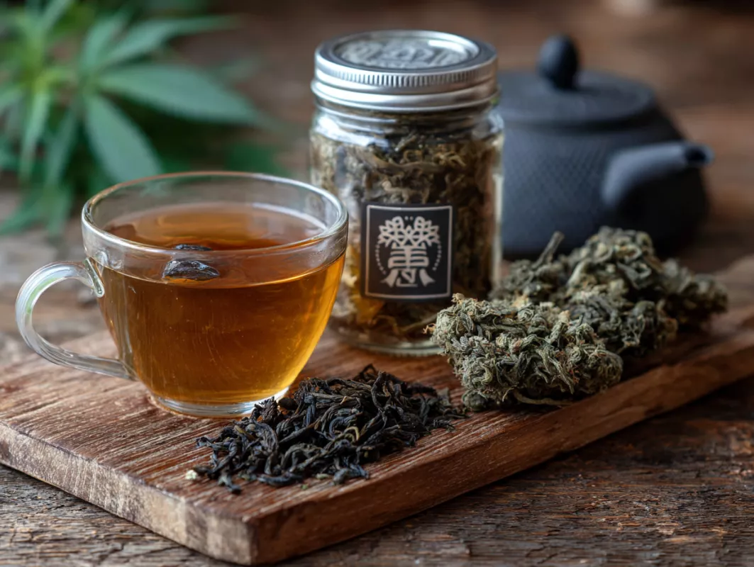 Rustic wooden setting with glass cup of amber tea, dried herbs, and foliage.