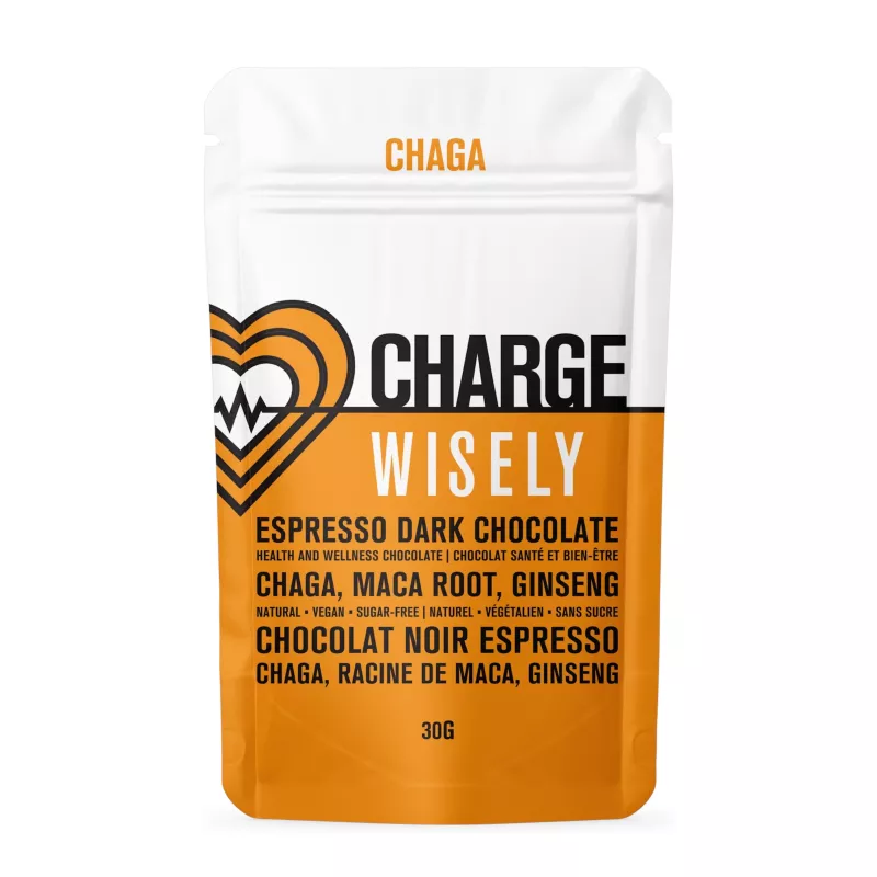 Chaga energy chocolate packaging with health-focused ingredients and a vibrant modern design.