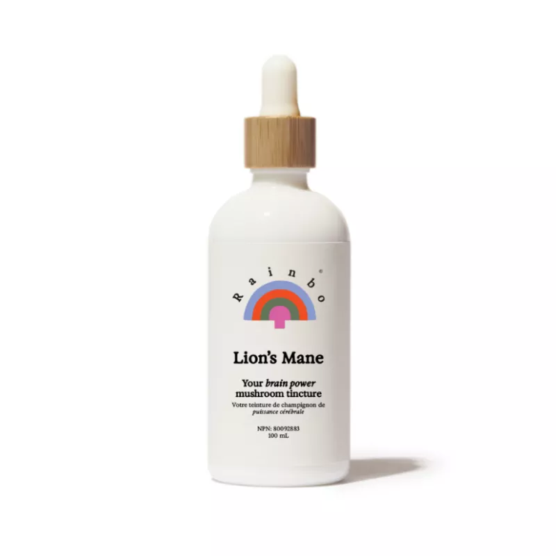 Lions Mane mushroom tincture in white bottle by Rainbo, 100 mL, with wooden cap.