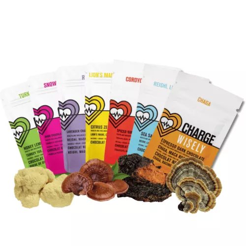 Various colorful packets of mushroom-based products arranged with natural ingredients.
