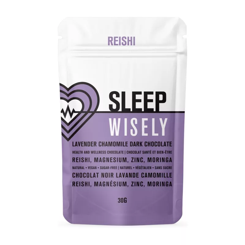 Reishi sleep chocolate pouch: lavender, chamomile, magnesium; vegan, sugar-free health supplement.
