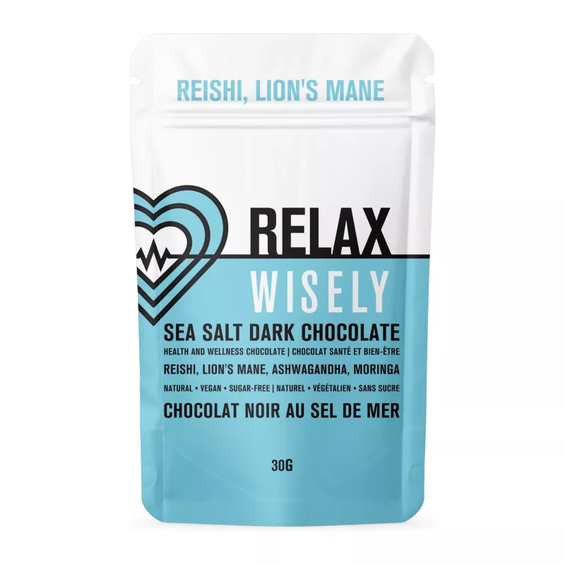 Relax Wisely Sea Salt Dark Chocolate with Reishi, Lions Mane, Vegan, Sugar-Free.