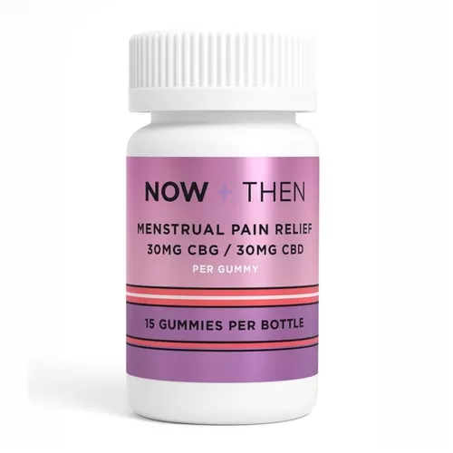 Bottle of gummy supplements for menstrual pain relief, featuring pink and purple design.