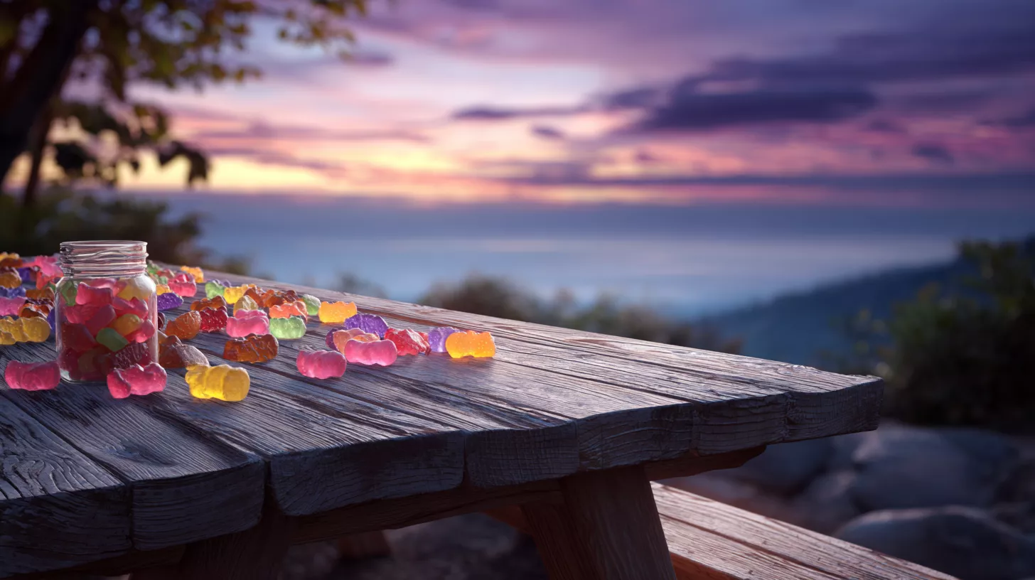 Colorful gummy bears scattered on a wooden table at sunset.