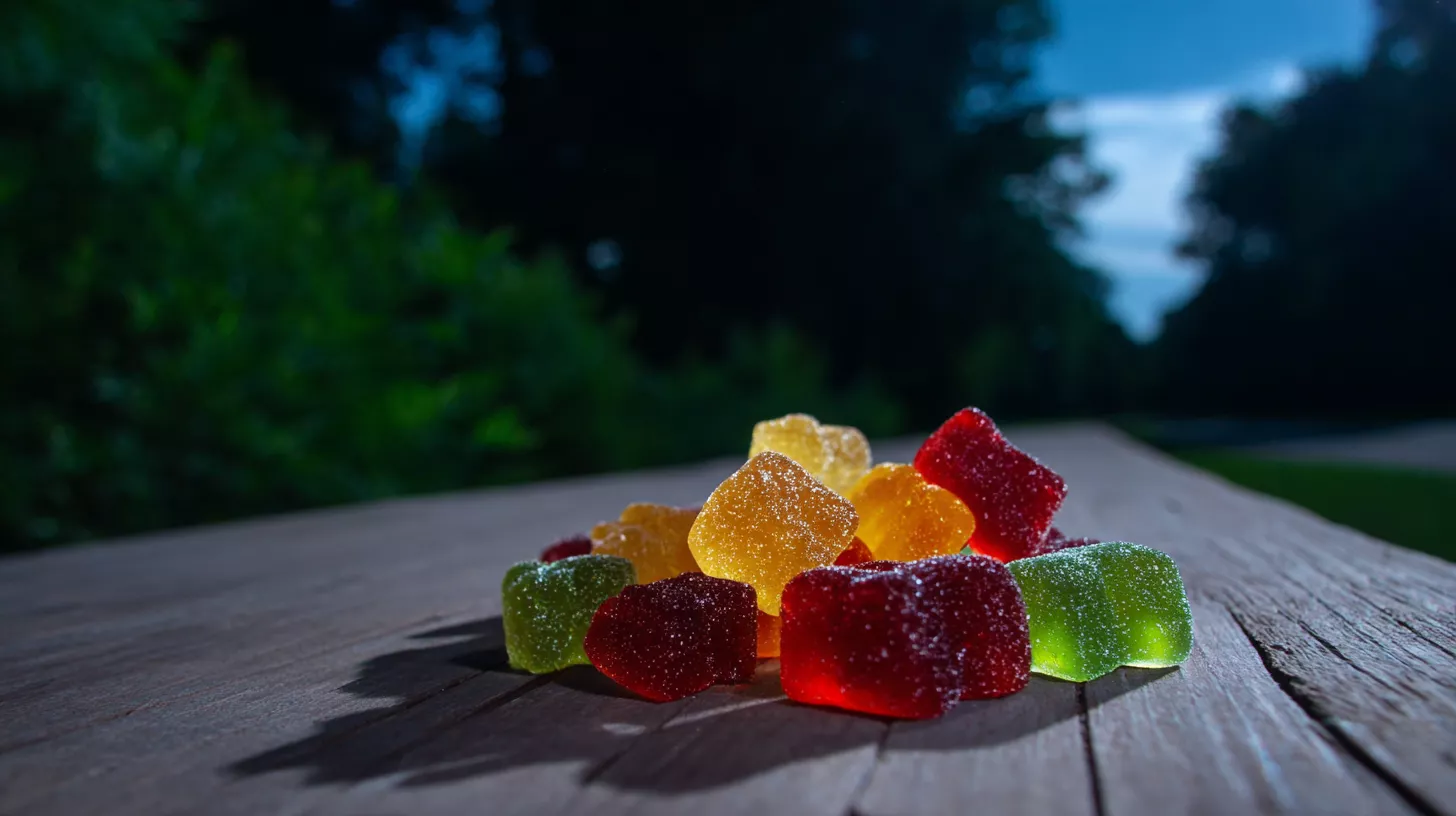 Colorful gummy candies arranged on a wooden surface, surrounded by greenery.