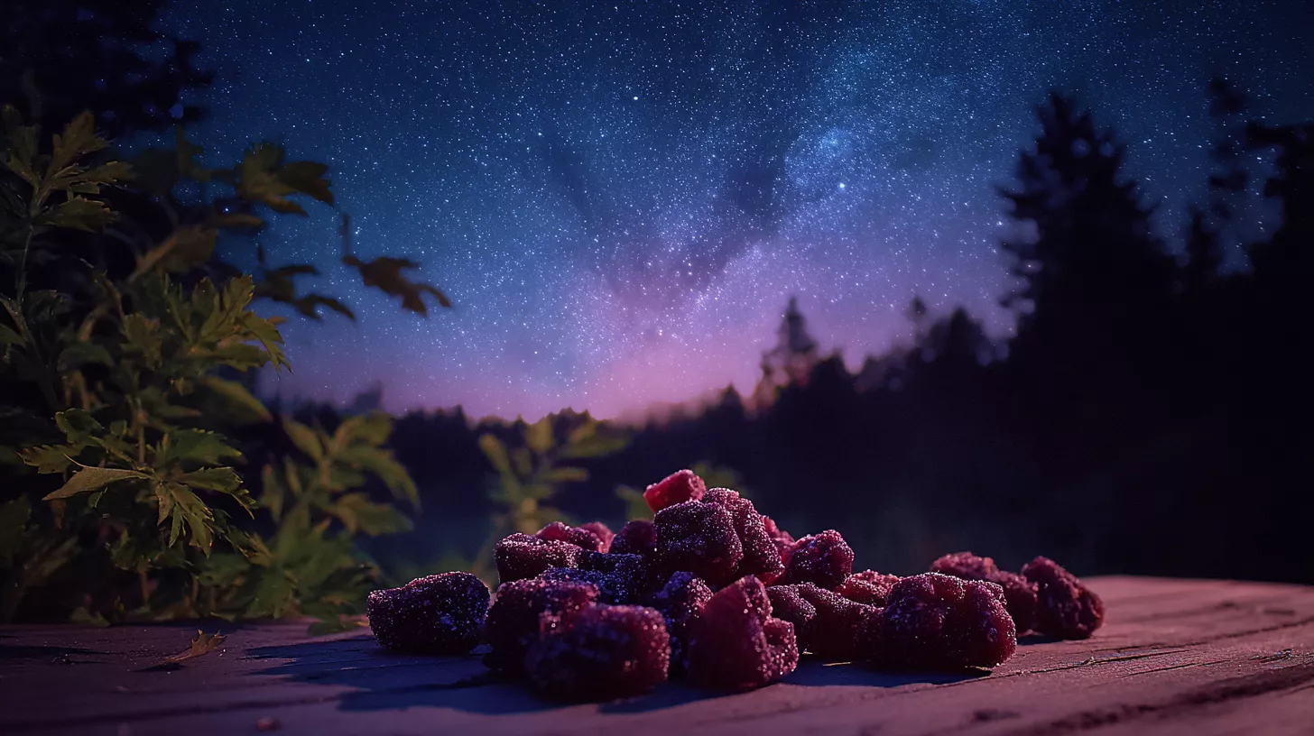Starry night sky above scattered raspberries on a wooden surface.