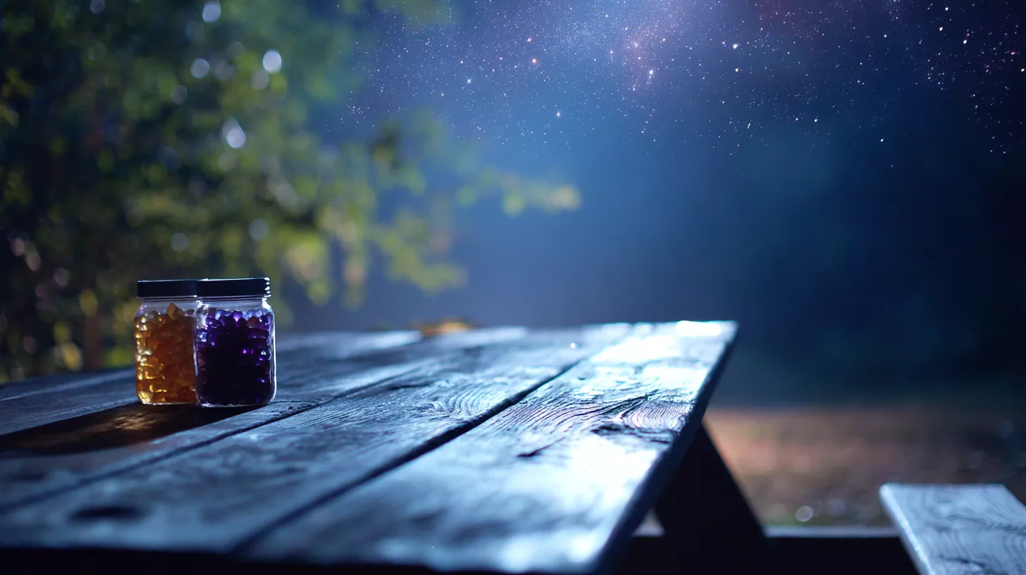 Jars of colorful beads on a wooden table under a starry night sky.