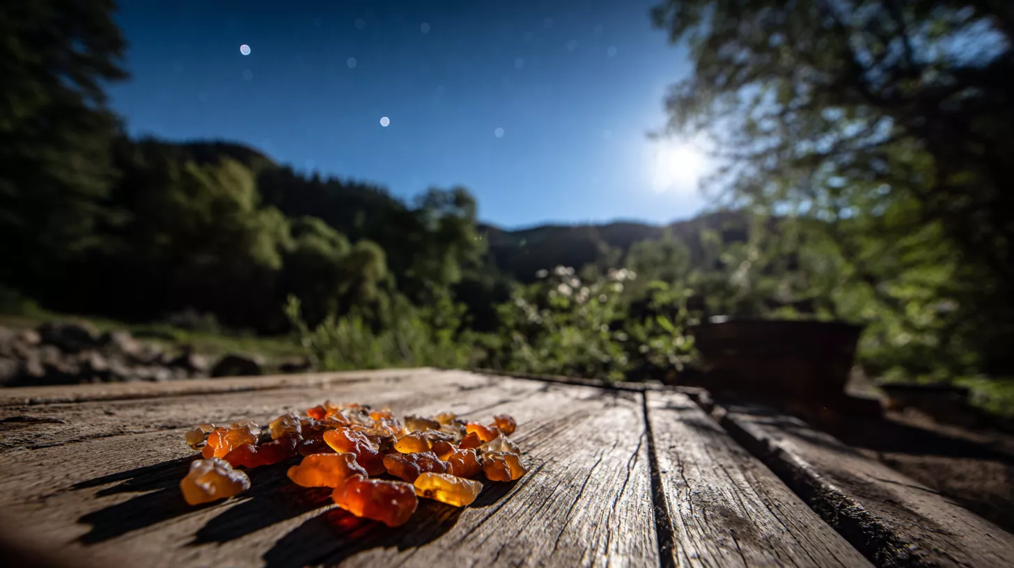 Colorful stones scattered on a wooden surface under a starry night sky.