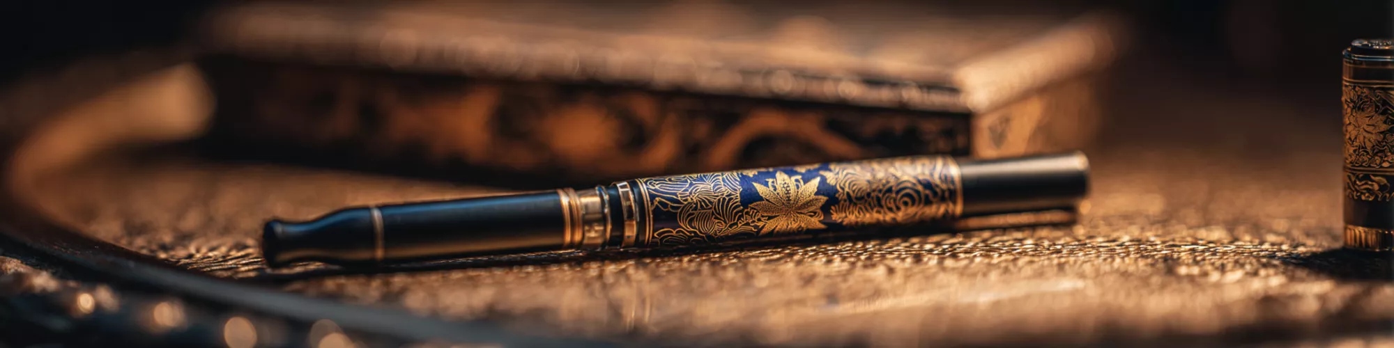 Elegant pen with gold patterns, resting on a textured surface.