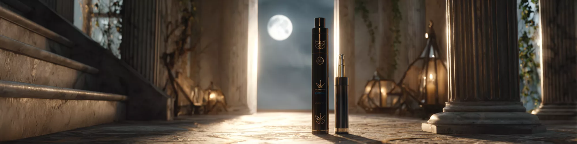 Black cylindrical bottles on stone steps, moonlit background with pillars and lanterns.