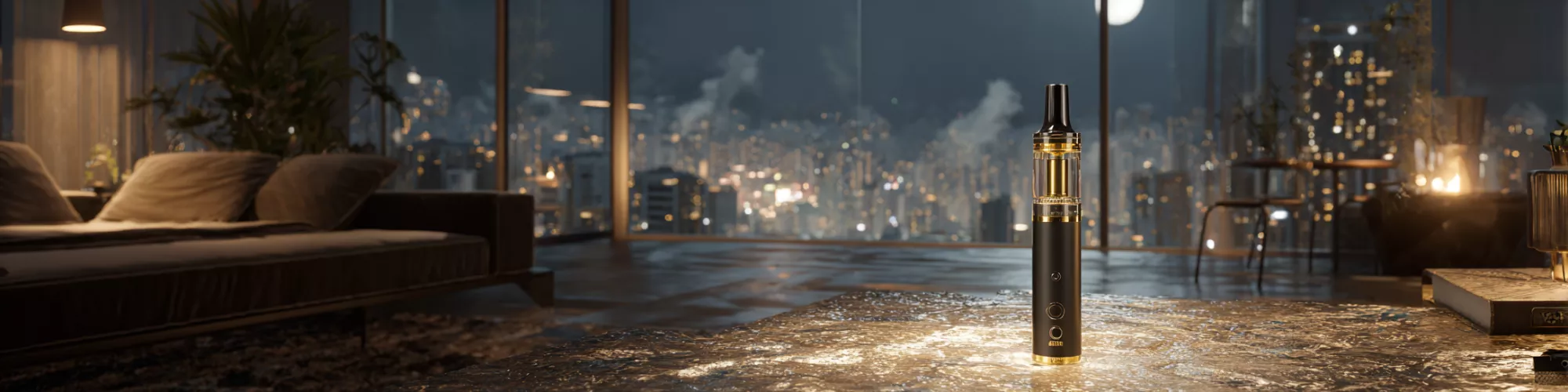 Stylish vape device on a table, modern room with city skyline at night.