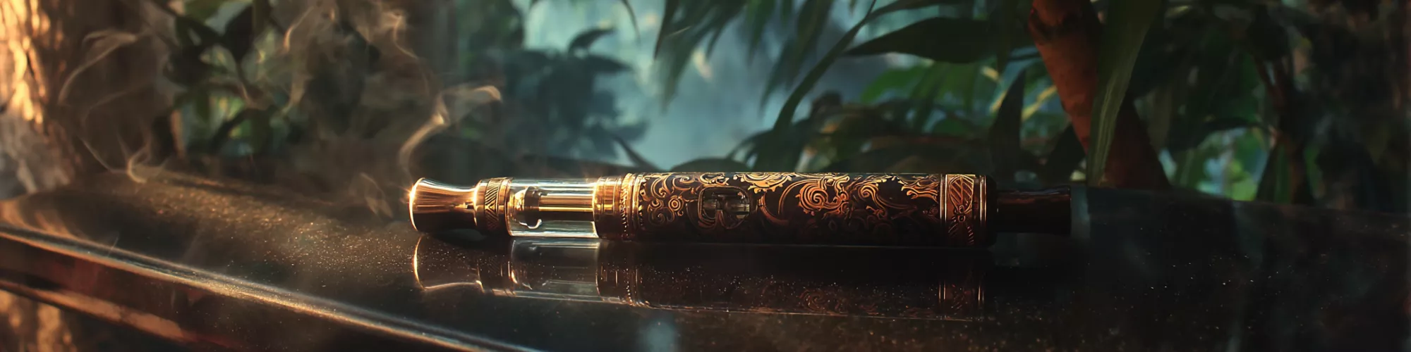 Vape pen with intricate designs resting on a reflective surface amidst smoky green foliage.