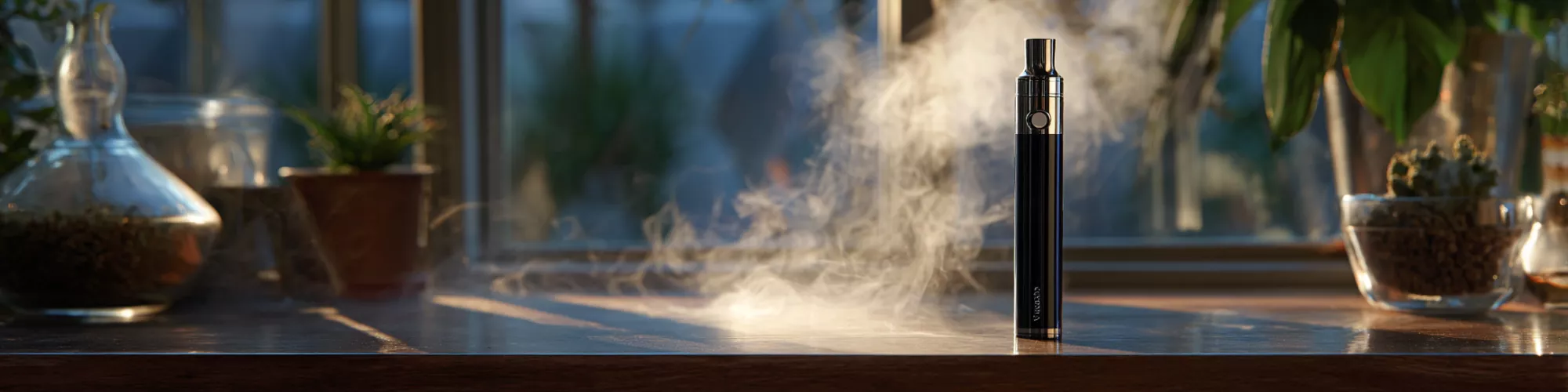 Vape device on a wooden table with smoke and plants in sunlight.