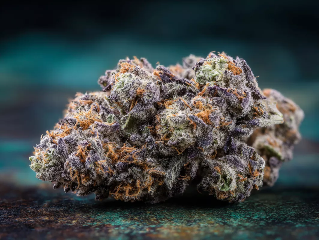 Close-up of vibrant cannabis bud with trichomes, deep purples, and orange pistils.