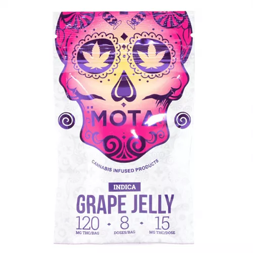 Grape Jelly cannabis packaging featuring vibrant skull design and THC content details.