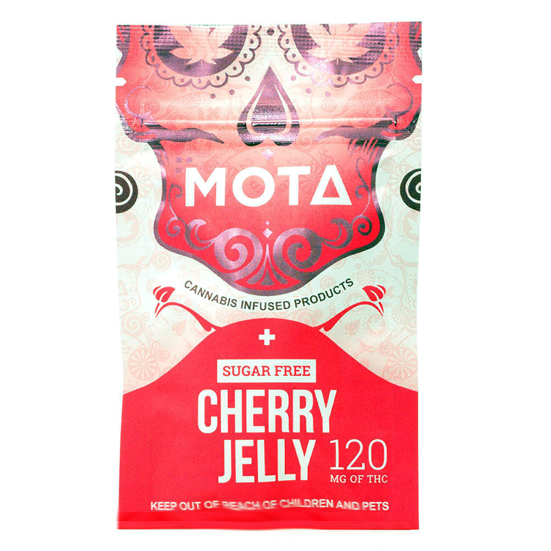 MOTA cannabis-infused cherry jelly, sugar-free, 120mg THC, festive red package with Day of the Dead design.
