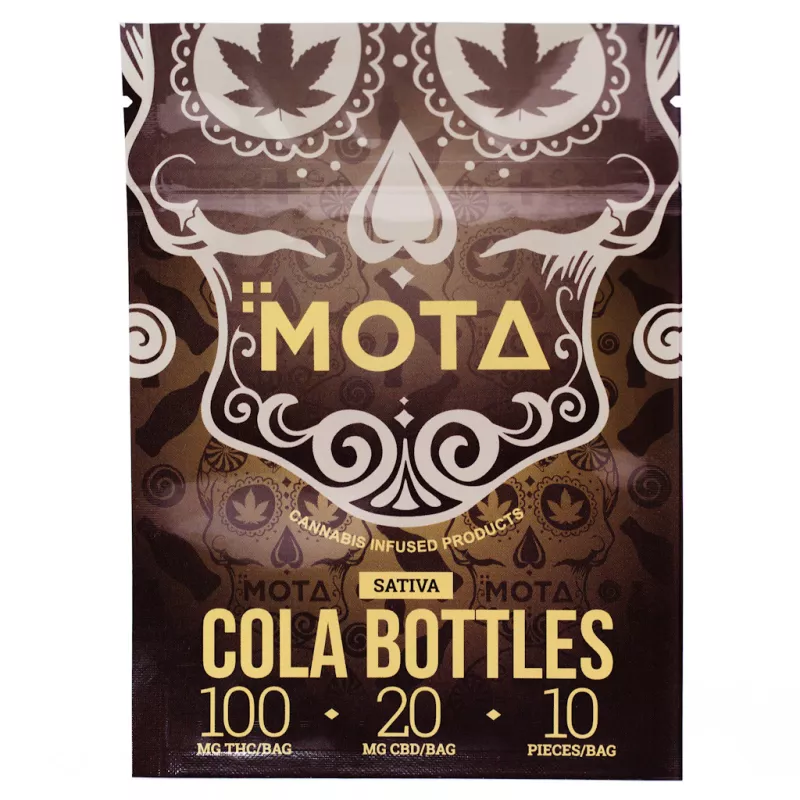 MOTA Sativa Cola Gummies with 100mg THC and 20mg CBD in premium designed packaging.